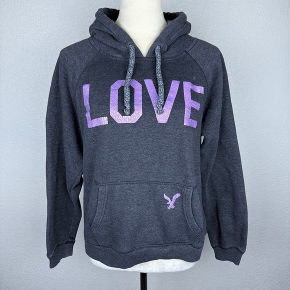 American Eagle Outfitters Tops - American Eagle Outfitters LOVE Hoodie Pullover Gray Purple Drawstring Womens
